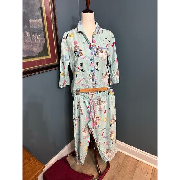 Nick & Nora 2 Piece Sock Monkey Womens Blue Cosmetics Makeup  Pajama Set Size S - Picture 3 of 7